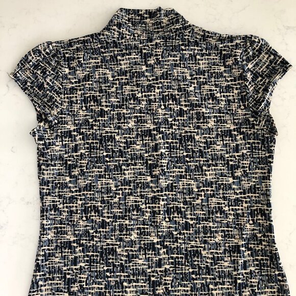 Melanie Lyne Cap Sleeve Faux Turtleneck Poly Abstract Print Top Navy Cream Sz L - Picture 6 of 9